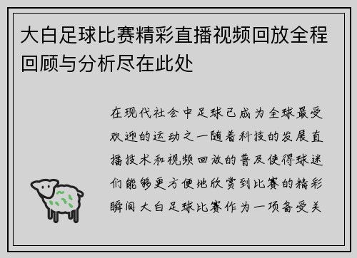 大白足球比赛精彩直播视频回放全程回顾与分析尽在此处